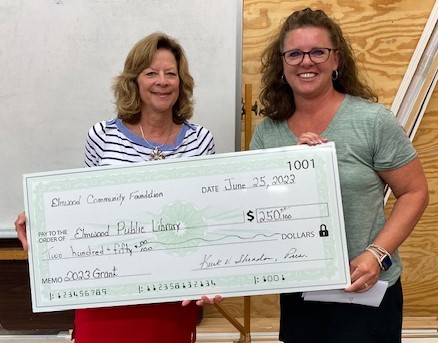 Elmwood Library 250 Grant June 2023 Barb Minch Elmwood Community Foundation Board Member and Anne Pope Librarian