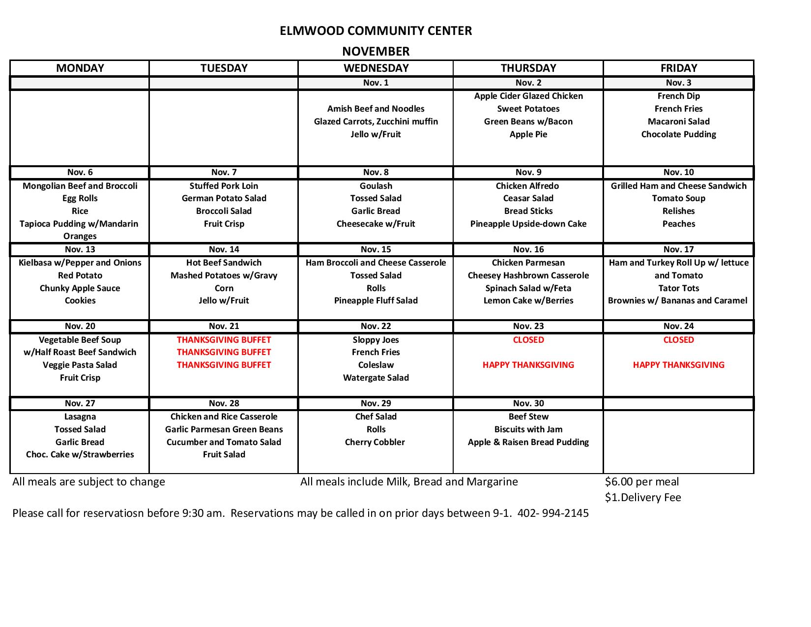 community Center calender 112023 menu