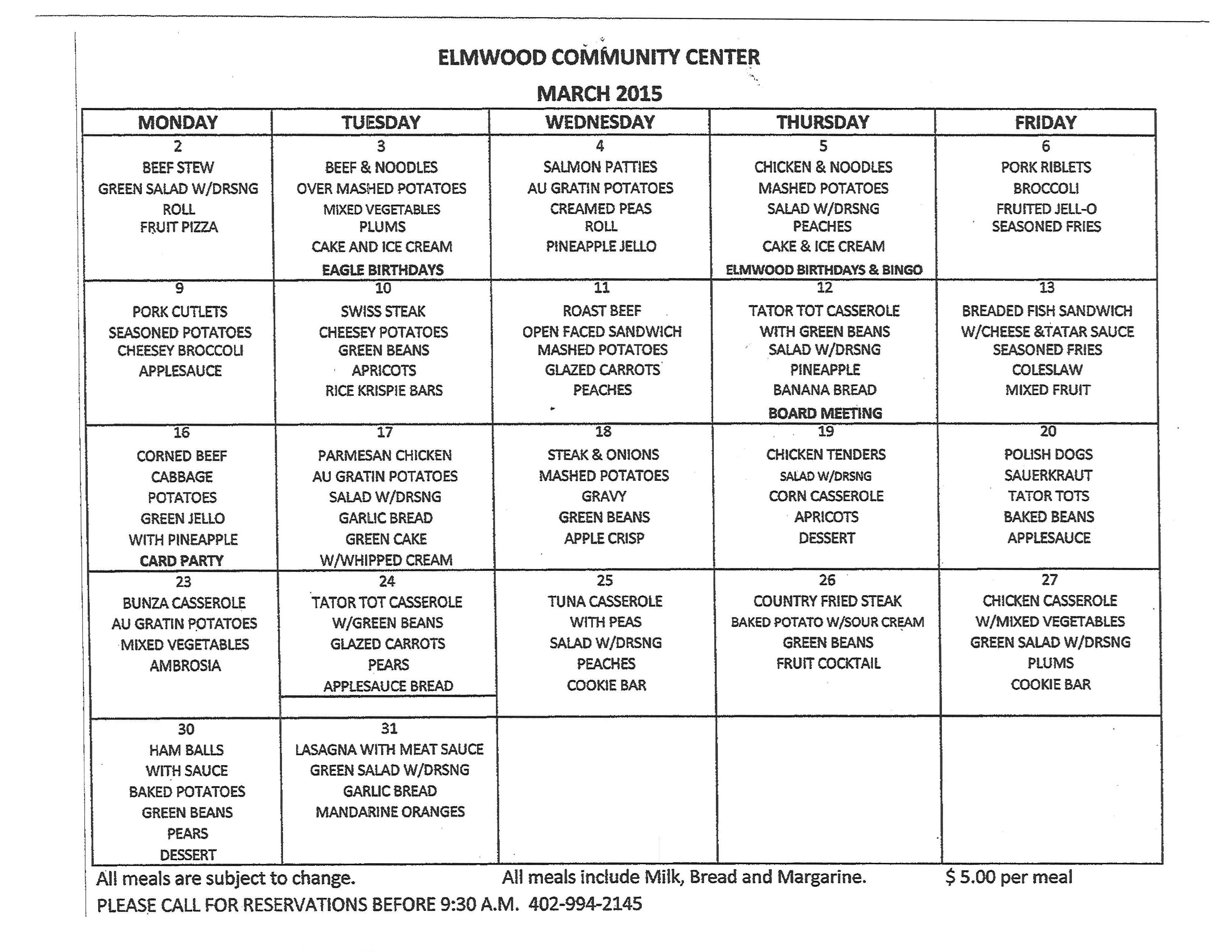 ECC March Menu