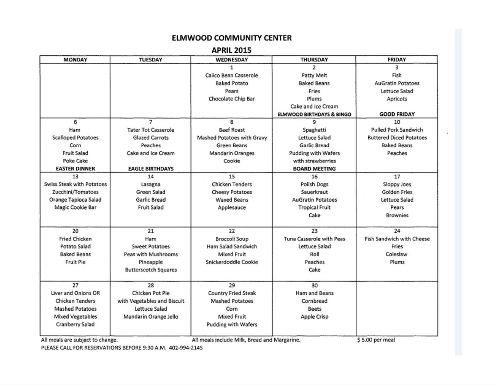 ECC April Menu