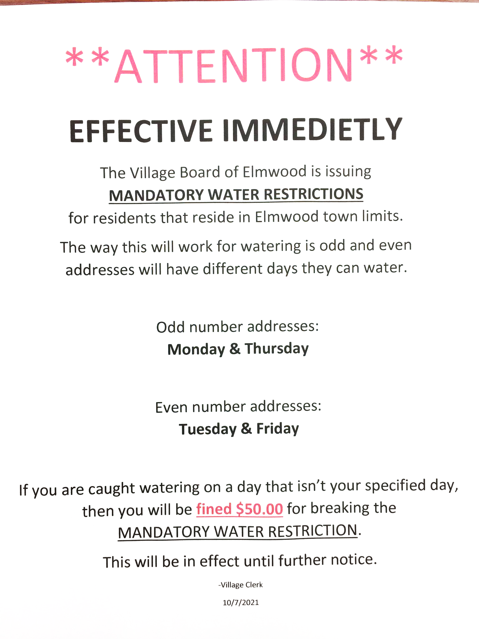 elmwood water rationing