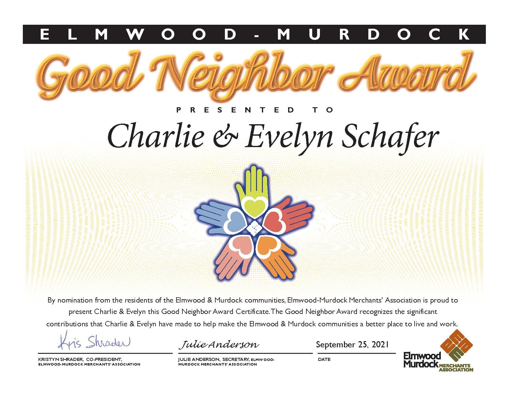 Good Neighbor awards 2021 Charlie Evelyn Schafer