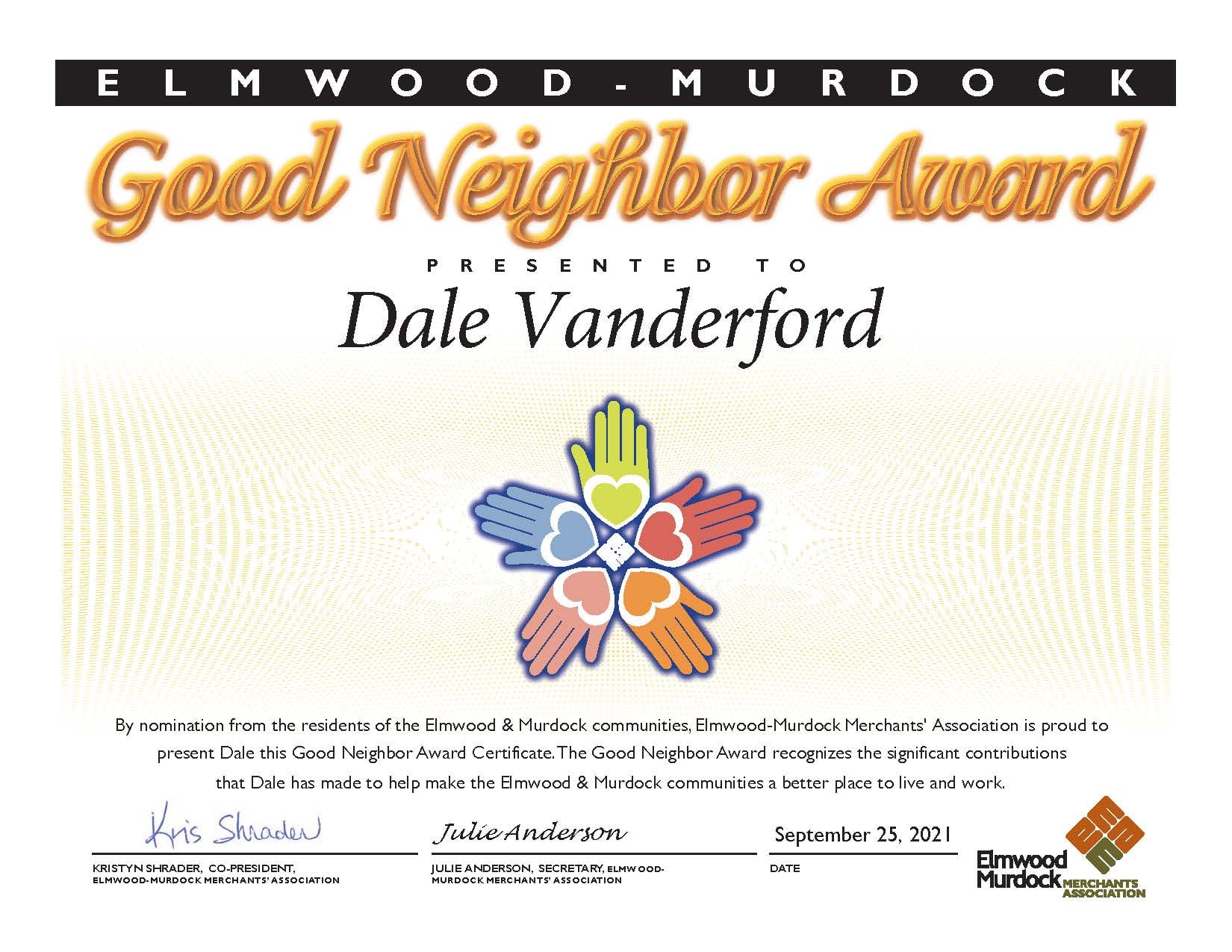 Good Neighbor awards 2021 Dale Vanderford