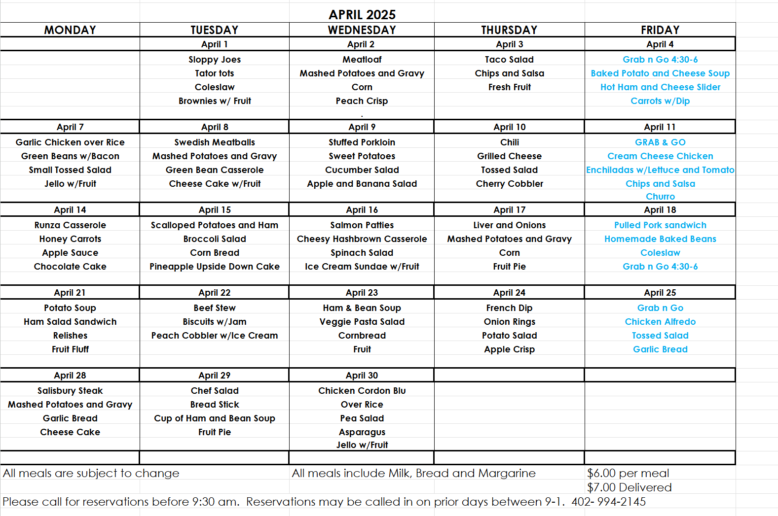 Community center menu 042025