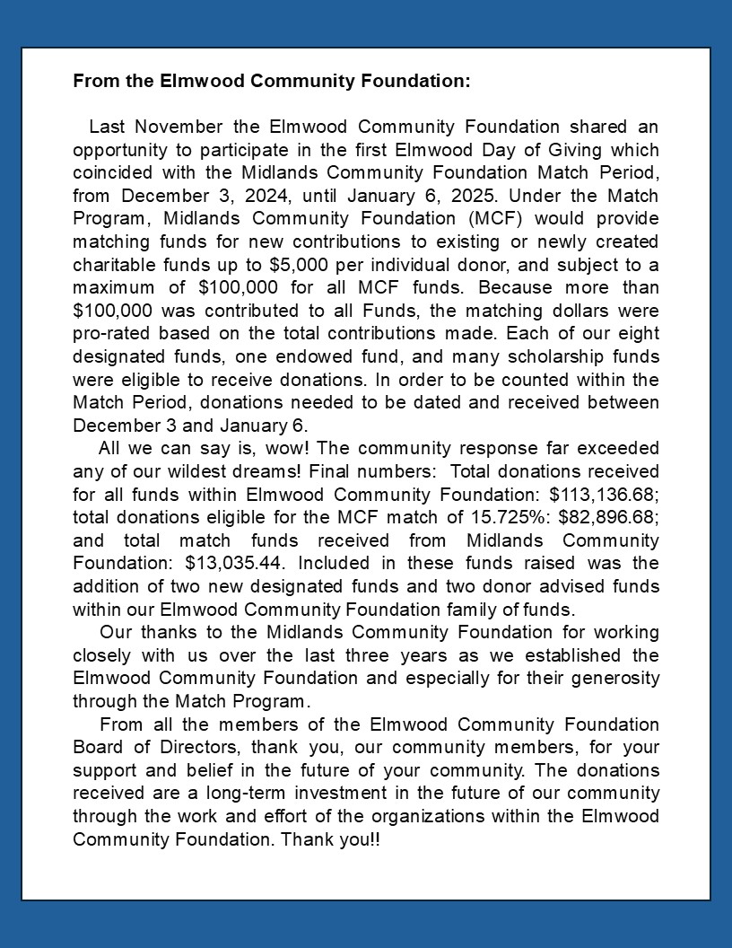 Thank you note for Elmwood Newsletter